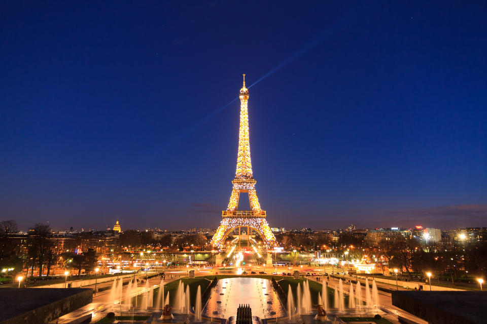 Paris, France - February 21, 2014: The Eiffel tower at night seen from the Trocadero square in Paris, France, at February 21, 2014