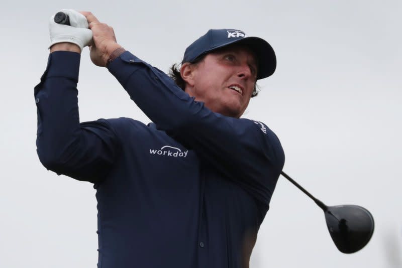 Phil Mickelson drives on the 17th tee on the second day of the Open Championship at Royal Portrush on July 19, 2019. The golfer turns 54 on June 16. File Photo by Hugo Philpott/UPI