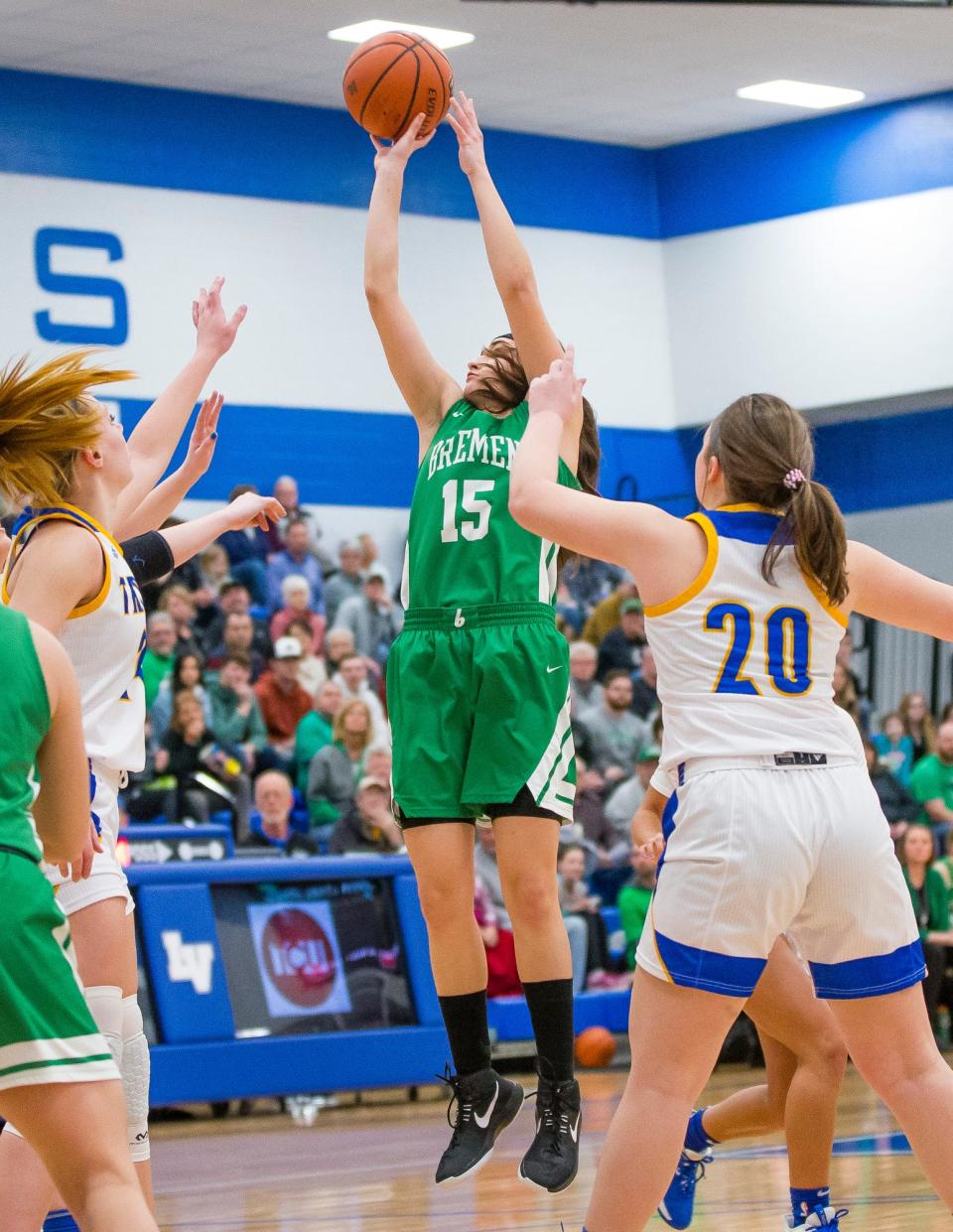 Bremen’s Ellia Foster (15) shoots during the Bremen vs. Triton Bi-County championship girls basketball game Saturday, Jan. 25, 2020 at LaVille High School.