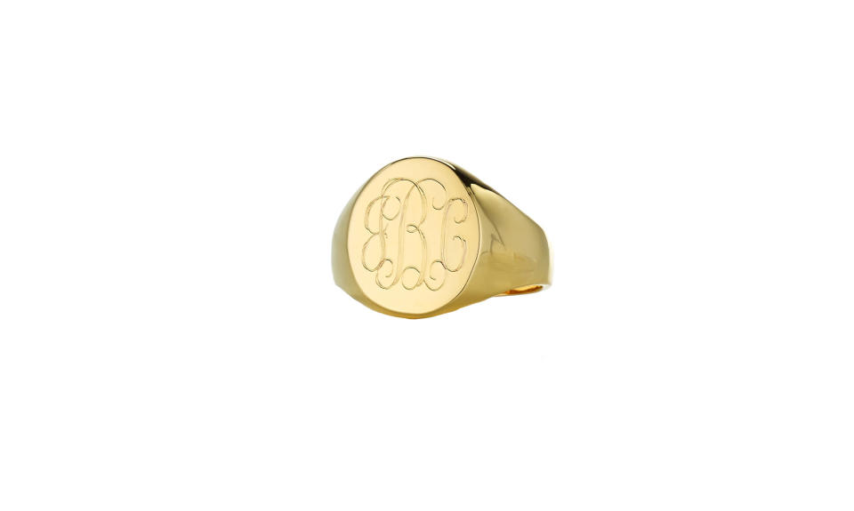 <p>You can have your mom’s monogram put on this classic gold signet ring.<br><br>Lana Oval Signet Ring (Custom Monogram), $118, <a rel="nofollow noopener" href="https://www.sarahchloe.com/personalized/rings/lana-signet-monogram-ring" target="_blank" data-ylk="slk:sarahchloe.com" class="link rapid-noclick-resp">sarahchloe.com</a><br><br></p>