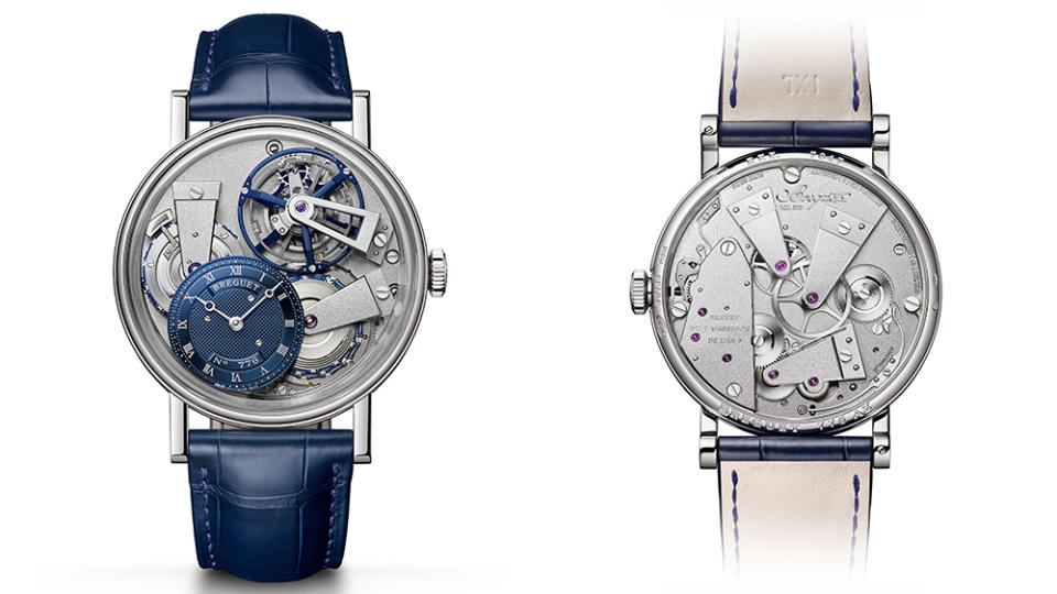 A view of the Tradition 7047 Tourbillon Waltz’s dial (left) and caseback (right). - Credit: Breguet