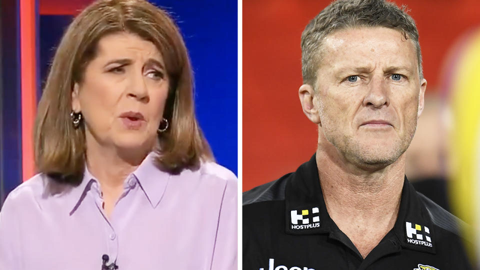 Channel 9 AFL reporter Caroline Wilson says the league is privately pleased the Richmond Tigers will miss the finals this season. Pictures: Channel 9/Getty Images