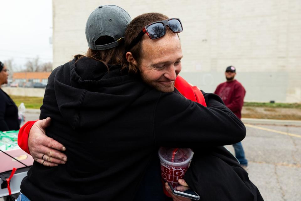 Jessica Lowe, founder of Be a Little Too Kind, hugs Matthew Andrus Hunter, one of her homies, in Salt Lake City on Thursday, Feb. 1, 2024. Be a Little Too Kind is a nonprofit organization focused on assisting homeless people by providing a homemade meal every week and other essential life sustaining items. | Megan Nielsen, Deseret News