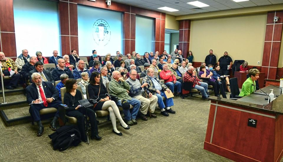 A large crowd attended the Washington County Board of Commissioners meeting on Tuesday to voice their opinions on a zoning amendment that would essentially ban construction of truck stops and could limit the size of new warehouses in the county.