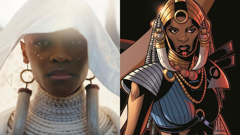 split image of Black Panther Wakanda Forever Shuri and comic shuri wearing large earrings