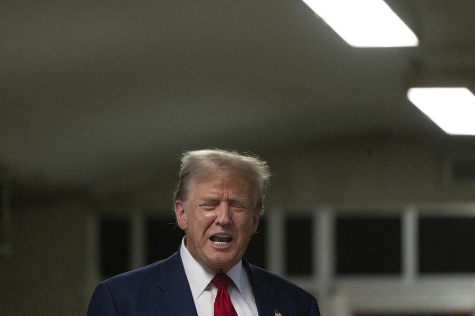 Former President Donald Trump speaks to reporters at Manhattan Criminal Court in New York, Tuesday, April 30, 2024. (Victor J. Blue/The Washington Post via AP, Pool)