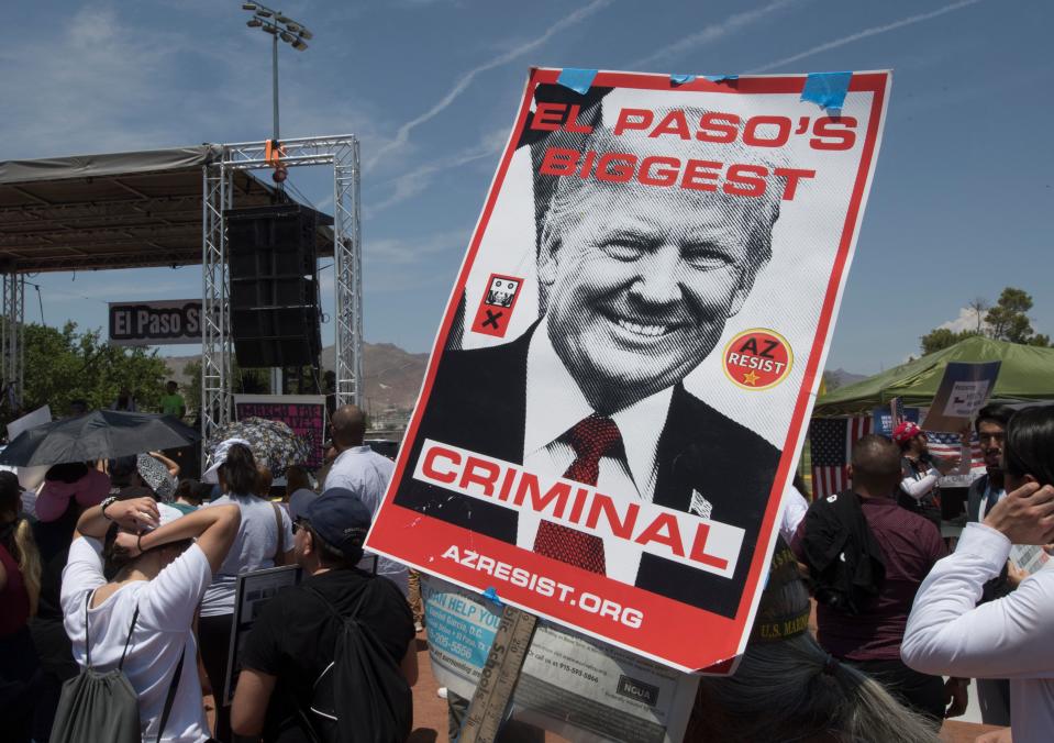 El Paso residents protest against the visit of US President Donald Trump to the city after the Walmart shooting that left a total of 22 people dead, in El Paso, Texas, on Aug. 7, 2019. (Photo: Mark Ralston/AFP/Getty Images)