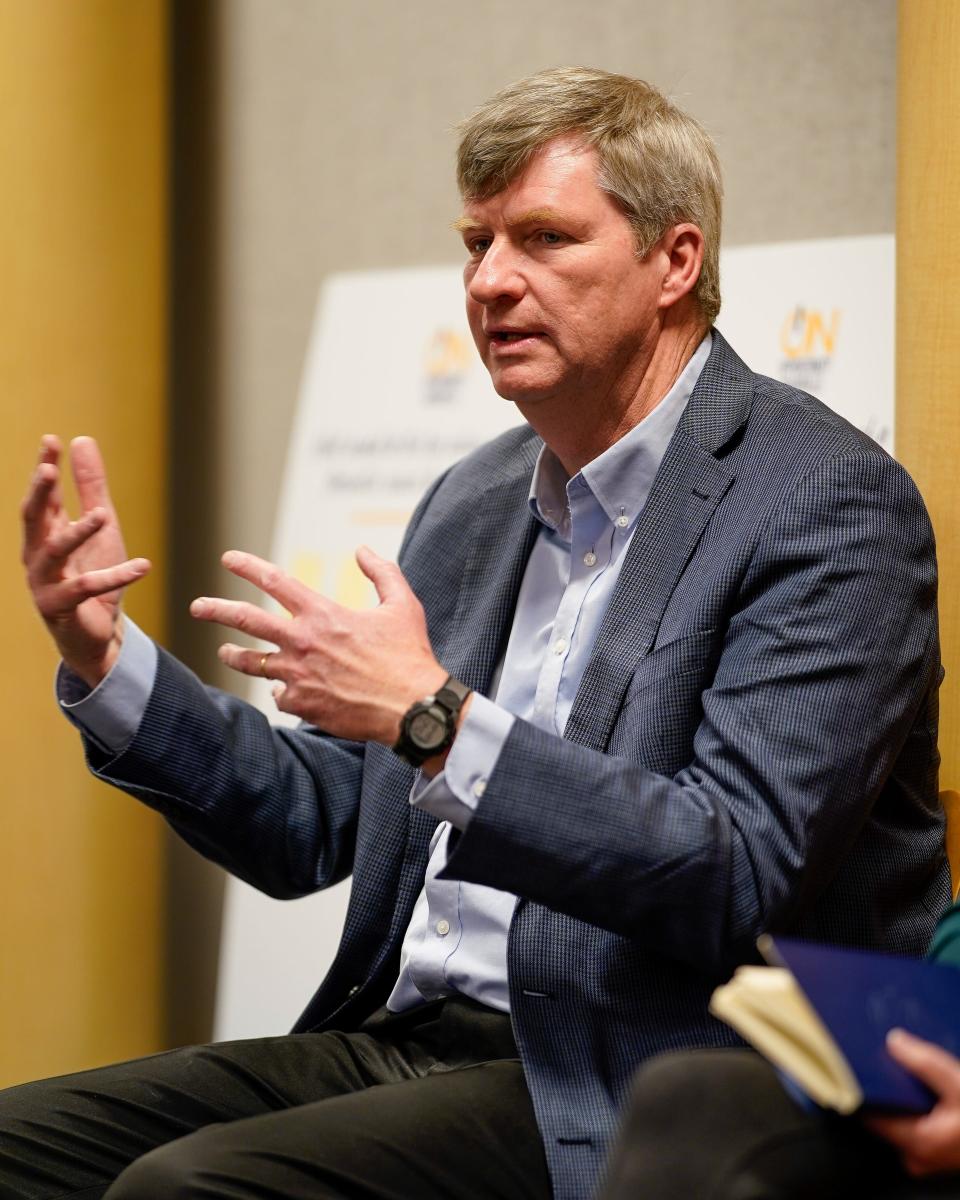 Chris Moth, a Democratic candidate for Nashville's District 8 school board seat, speaks during a candidate listening session hosted by Opportunity Nashville at the Green Hills Branch Nashville Public Library on March 28, 2022.