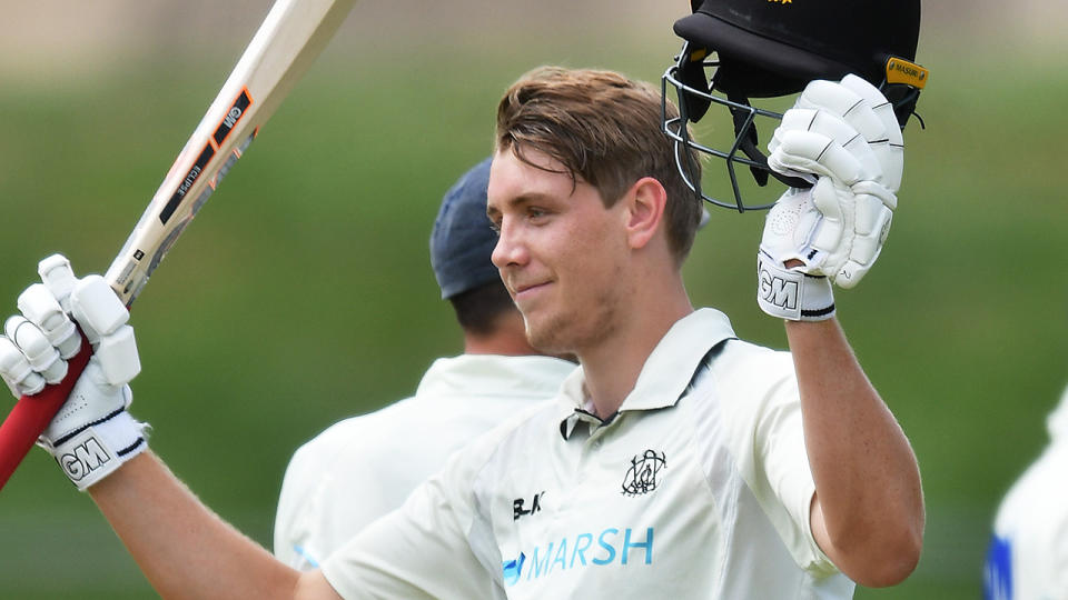 Cameron Green, pictured here celebrating his century for Western Australia in the Sheffield Shield.