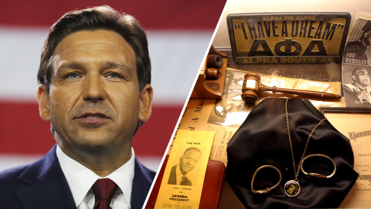 Florida Gov. Ron DeSantis and an exhibit of Alpha Phi Alpha Fraternity items. 