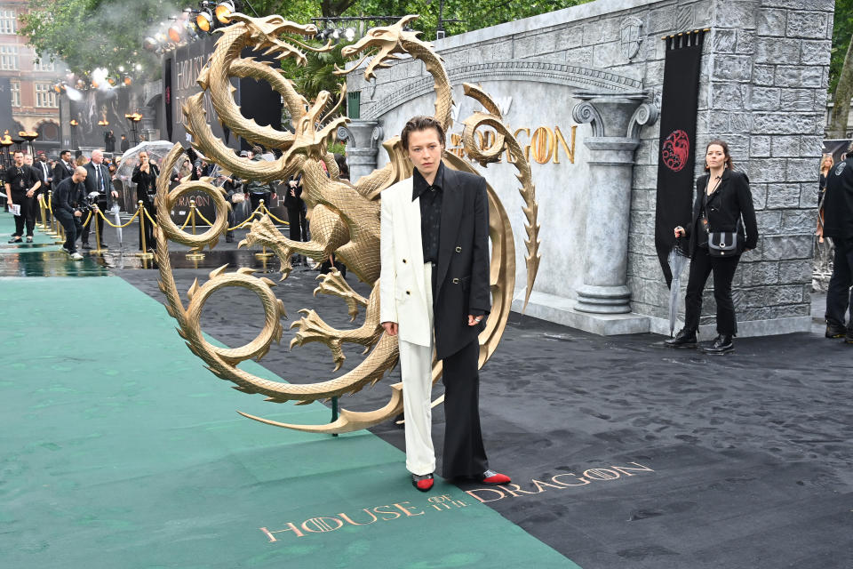 Emma D'Arcy, suede, red carpet, capped toes, suit, 'House of the Dragon,' London