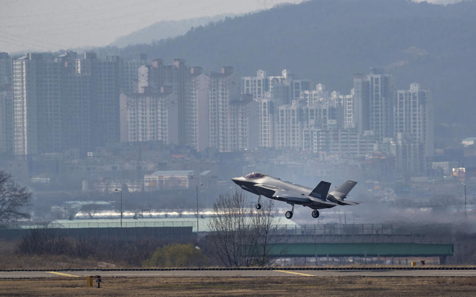 A U.S. made F-35A fighter jet prepares to land at Cheongju Air Base in Cheongju, South Korea, Friday, March 29, 2019. South Korea on Friday received the first two of the 40 F-35A fighter jets that it has agreed to buy from Lockheed Martin by 2021. The F-35A jets that arrived at the airport in southern South Korea have become the country's first stealth fighter jets. North Korea has previously called the introduction of F-35A aircraft a plot by Seoul to attack North Korea. (Jin Sung-chul/Yonhap via AP)