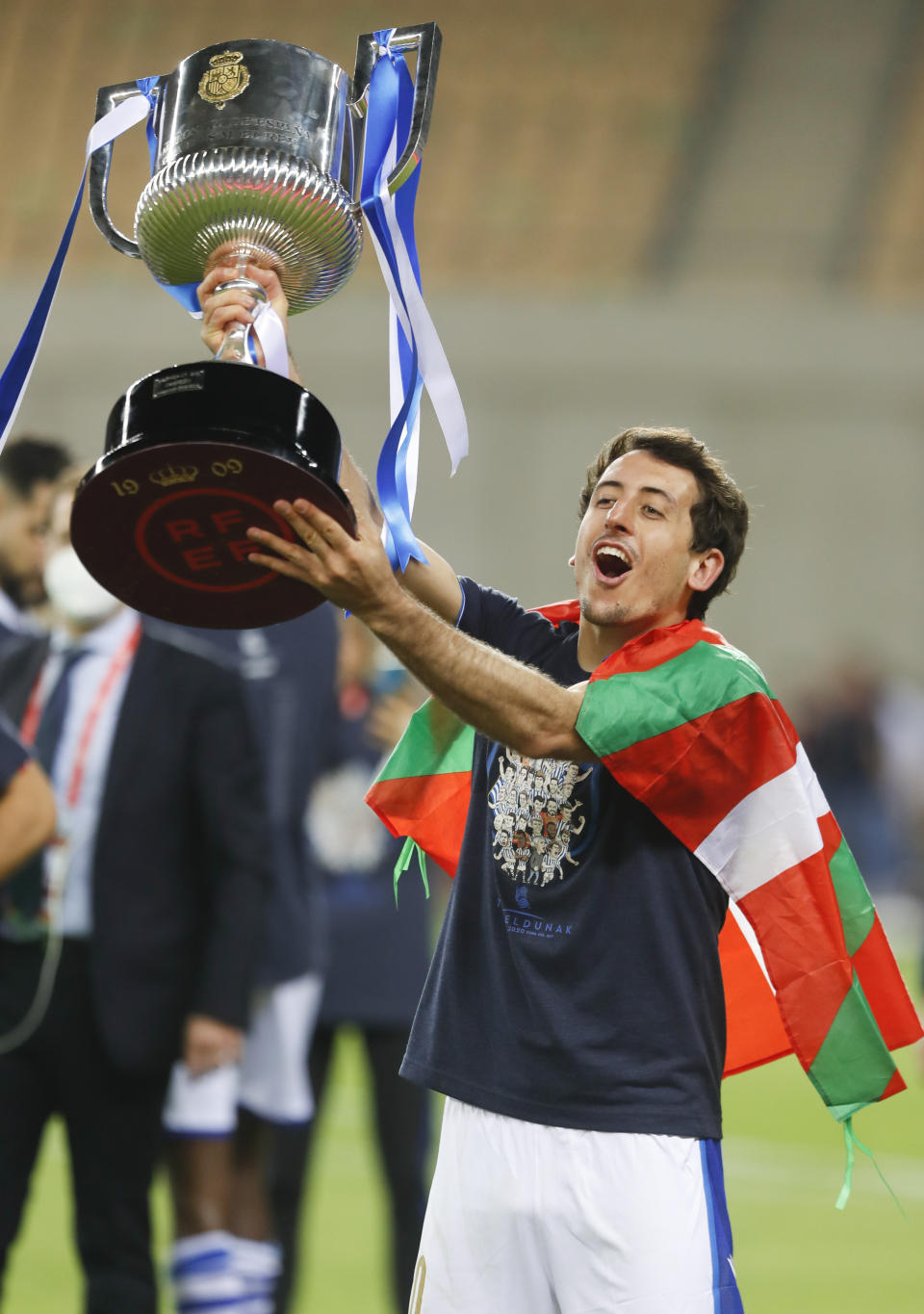 Real Sociedad's Mikel Oyarzabal, who scored the only goal, celebrates winning the final of the 2020 Copa del Rey, or King's Cup, soccer match between Athletic Bilbao and Real Sociedad at Estadio de La Cartuja in Sevilla, Spain, Saturday April 3, 2021. The game is the rescheduled final of the 2019-2020 competition which was originally postponed due to the coronavirus pandemic. (AP Photo/Angel Fernandez)