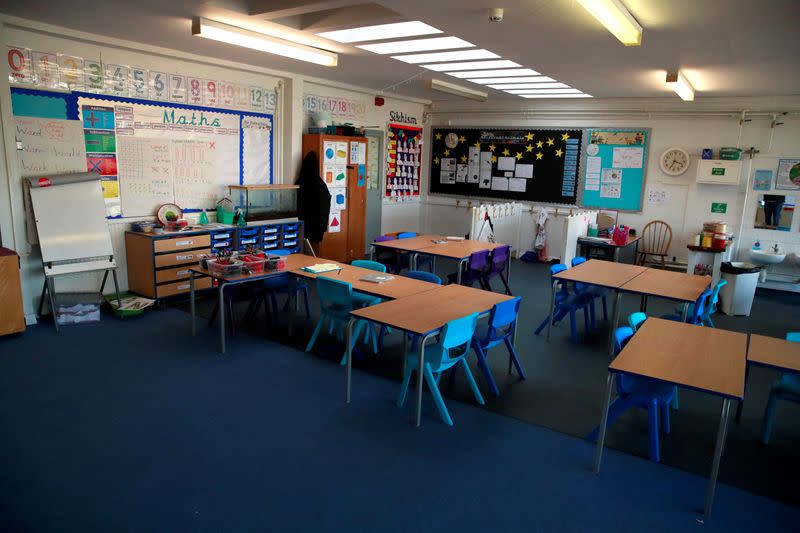 FILE PHOTO: A general view inside an empty classroom at a primary school in Hertford