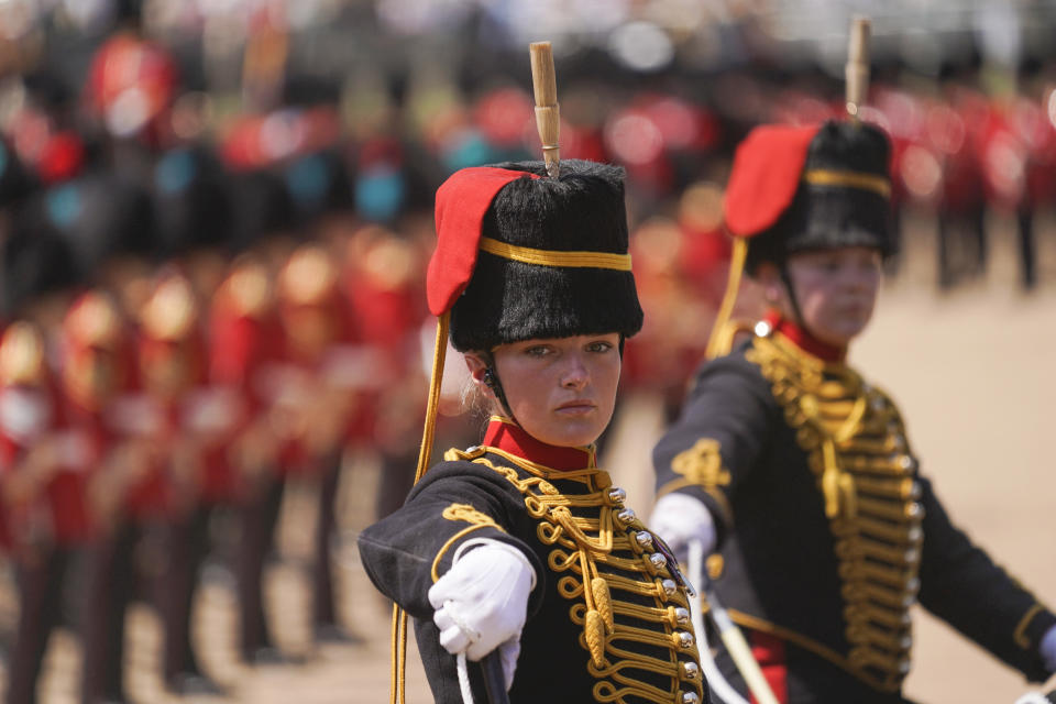 Soldiers attend the Colonel's Review, the final rehearsal of the Trooping the Colour, the King's annual birthday parade, at Horse Guards Parade in London, Saturday, June 10, 2023. (AP Photo/Alberto Pezzali)