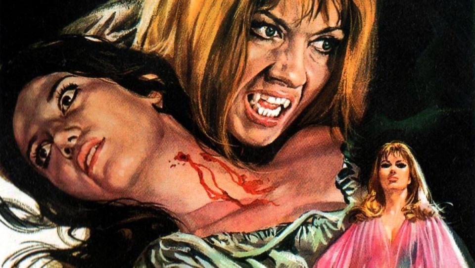 Ingrid Pitt's Carmilla looms over a victim's neck on the poster for Hammer's The Vampire Lovers.