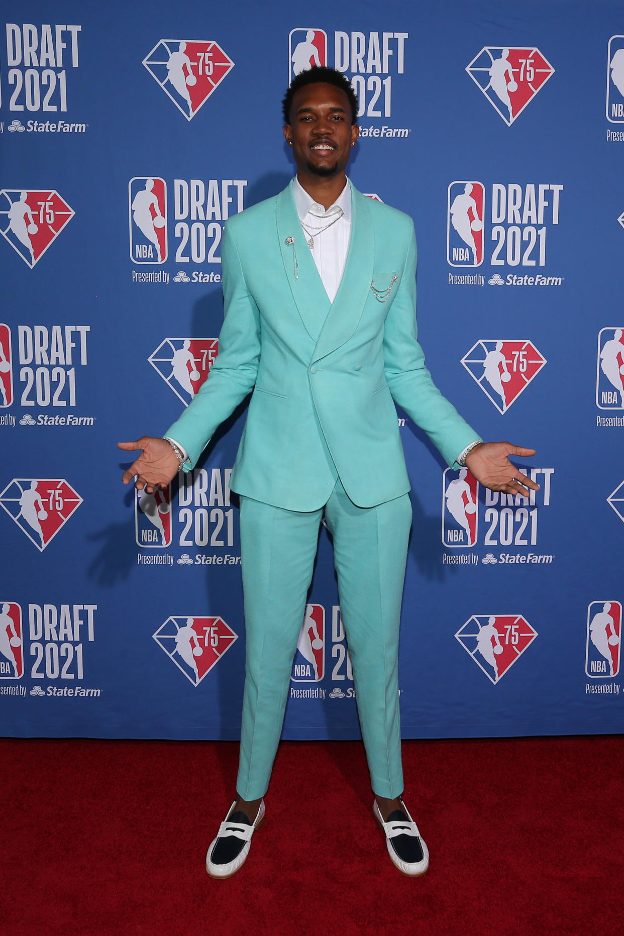 Evan Mobley arrives on the red carpet before the 2021 NBA draft at Barclays Center. (Brad Penner/USA TODAY Sports)