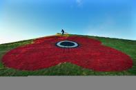 LIVINGSTON, SCOTLAND - NOVEMBER 01: Maureen Monteath walks her dogs over one of the grass pyramids next to the M8 motorway on November 1, 2012 in Livingston, Scotland. Ground staff from Murrayfield and Hampden have painted three giant poppies on the grass pyramids at Junction 3A on the M8 to mark the 2012 Scottish Poppy Appeal, which celebrates its 90th anniversary this November. (Photo by Jeff J Mitchell/Getty Images)