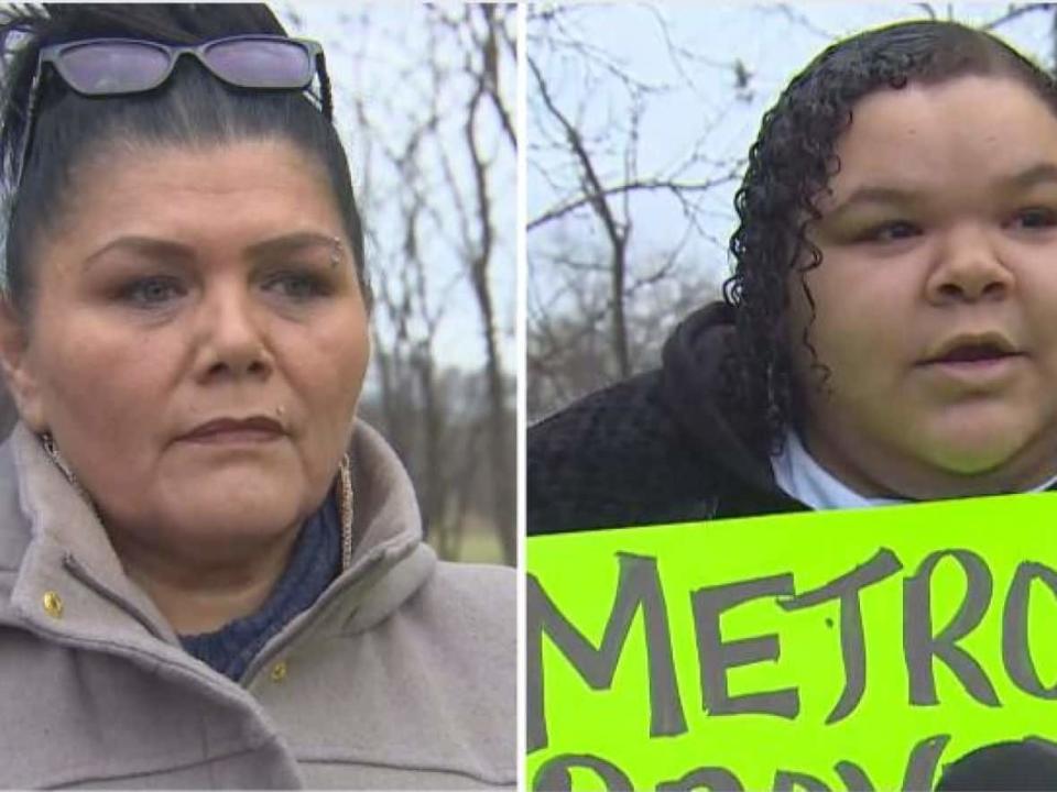 The ENAGB&nbsp;Indigenous Youth&nbsp;Agency executive director Cynthia Bell, left, and ENAGB youth member Kiyana Johnston-Palmer, right, told reporters Saturday that they want Metrolinx to bury the elevated portion of the Eglinton Crosstown West Extension. (Rob Krbavac/Radio-Canada - image credit)