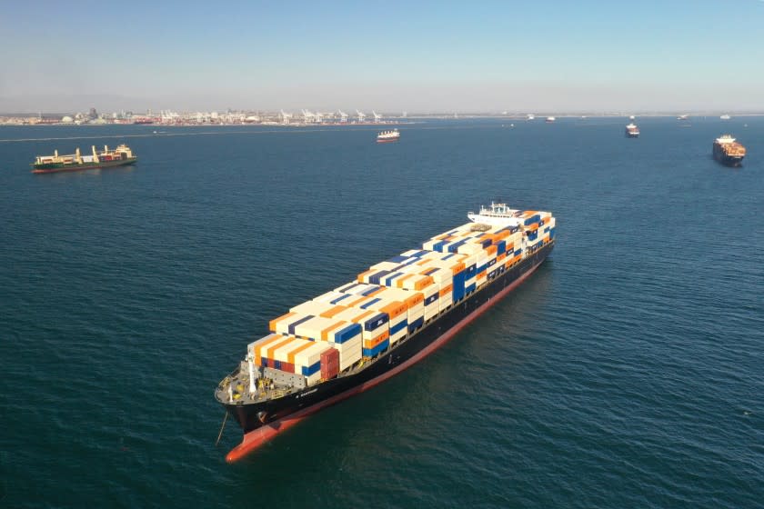 Los Angeles, California-Oct. 13, 2021-Container ships wait outside the Ports of Los Angeles and Long Beach waiting to unload on Oct. 13, 2021. (Carolyn Cole / Los Angeles Times)