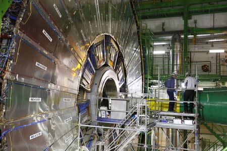 Technicians are seen working in the Compact Muon Solenoid (CMS) experiment, part of the Large Hadron Collider (LHC), during a media visit to the Organization for Nuclear Research (CERN) in the French village of Cessy, near Geneva in Switzerland, July 23, 2014. REUTERS/Pierre Albouy