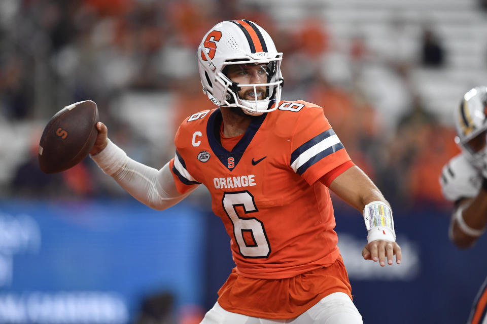 Syracuse quarterback Garrett Shrader (6) looks to pass during the first half of an NCAA college football game against Western Michigan in Syracuse, N.Y., Saturday, Sept. 9, 2023. (AP Photo/Adrian Kraus)