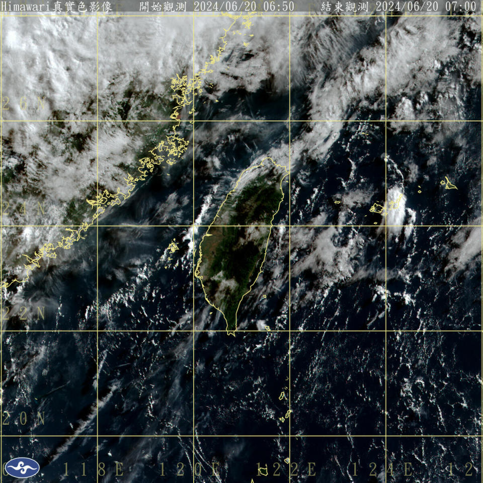 受到太平洋高壓勢力西伸增強影響，今天全台各地包括澎湖、金門、馬祖，大多是多雲到晴的天氣。   圖：中央氣象署／提供