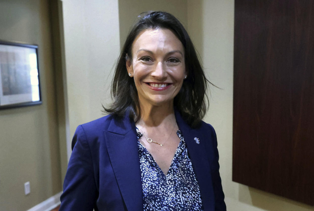 Florida Democratic gubernatorial candidate Nikki Fried smiles while talking to the media during a stop in Orlando, Fla., Monday, Aug. 22, 2022, on the eve of the Florida primary. Fried and former Florida Gov. Charlie Crist are the leading candidates vying for the Democratic nomination to challenge Gov. Ron DeSantis in the general election. (Joe Burbank/Orlando Sentinel via AP)