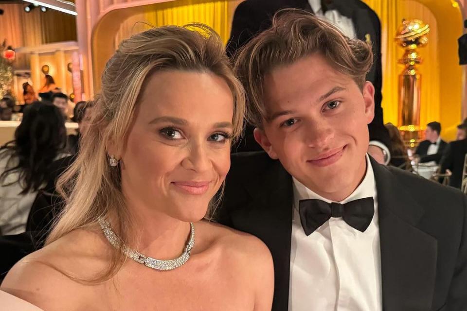 <p>Reese Witherspoon/Instagram</p> Reese Witherspoon and son Deacon at the Golden Globes