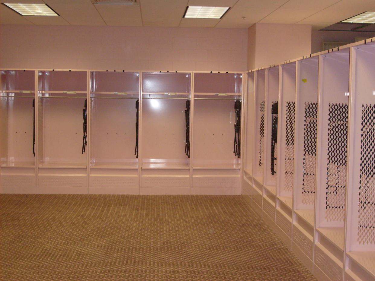 Inside the visitor's pink locker room inside Kinnick Stadium. Former Iowa coach Hayden Fry had the locker room painted pink to have a calming effect on the opposing team.