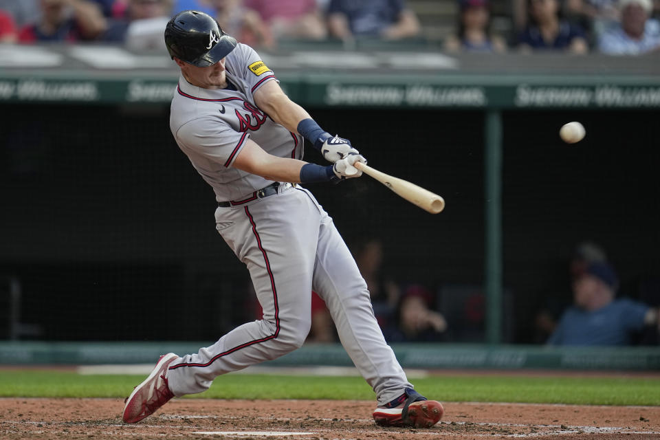 Atlanta Braves' Sean Murphy hits a home run against the Cleveland Guardians during the third inning of a baseball game Wednesday, July 5, 2023, in Cleveland. (AP Photo/Sue Ogrocki)
