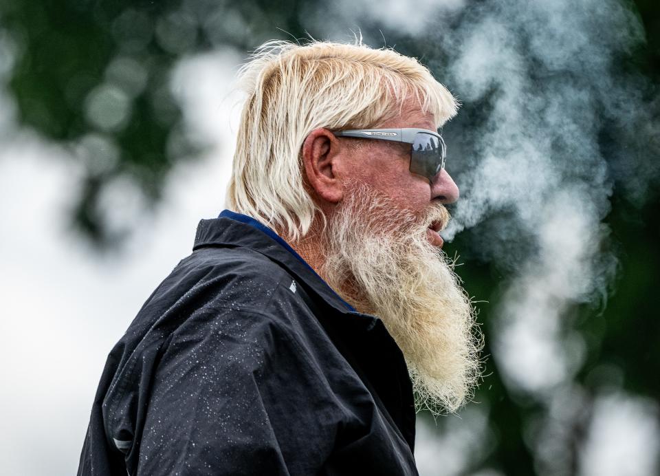 Professional golfer John Daly smoked during putting practice at the 2024 PGA Championship practice Tuesday at Valhalla Golf Course in Louisville, Ky. May 14, 2024.
