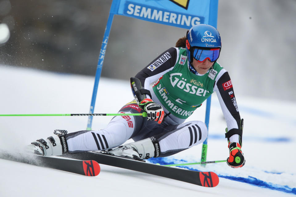 Slovakia's Petra Vlhova speeds down the course during an alpine ski, women's World Cup giant slalom, in Semmering, Austria, Monday, Dec. 28, 2020. (AP Photo/Gabriele Facciotti)