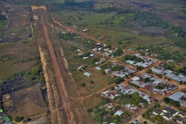 Aerial view of Guerima village and the local airstrip in the municipality of Cumaribo, Vichada department, eastern Colombia, on February 17, 2017