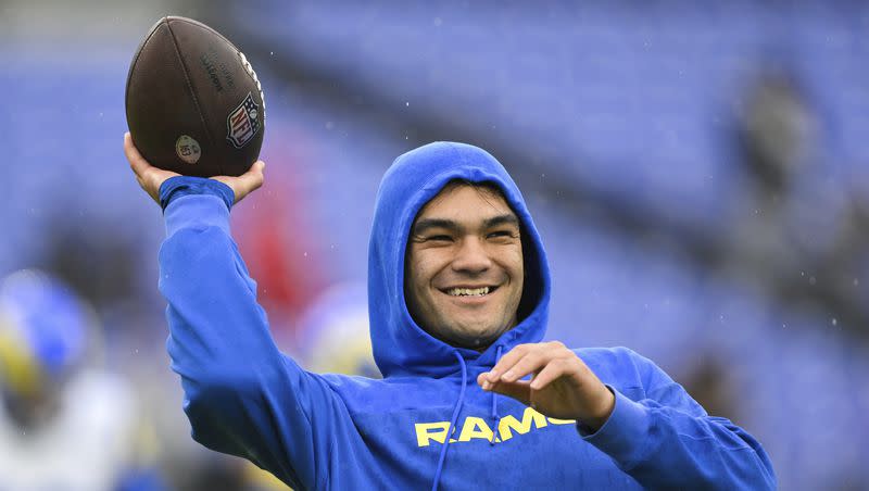 Los Angeles Rams receiver Puka Nacua throws during pre-game warmups before game against the Baltimore Ravens, Sunday, Dec. 10, 2023, in Baltimore. The Orem High and BYU product is enjoying a banner rookie campaign for the Rams.