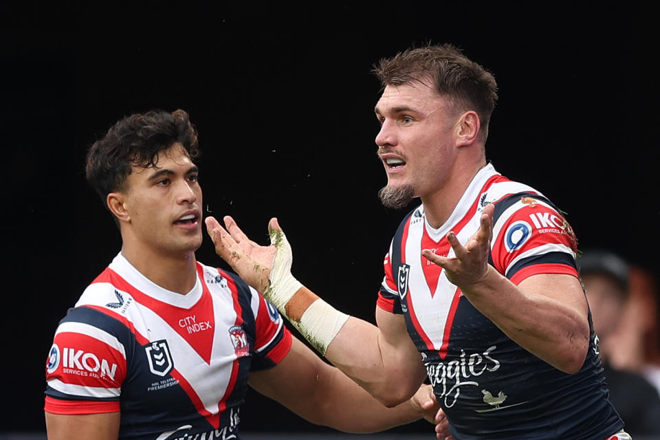 SYDNEY, AUSTRALIA - MAY 12: Angus Crichton of the Roosters celebrates scoring a try during the round 10 NRL match between Sydney Roosters and New Zealand Warriors at Allianz Stadium, on May 12, 2024, in Sydney, Australia. (Photo by Mark Metcalfe/Getty Images)