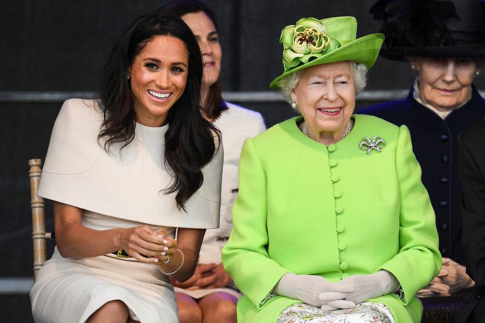 Also in June, Meghan made a <a rel="nofollow noopener" href="https://people.com/royals/meghan-markle-queen-elizabeth-solo-outing-photos/" target="_blank" data-ylk="slk:special trip with the Queen;elm:context_link;itc:0;sec:content-canvas" class="link ">special trip with the Queen</a>, accompanying the monarch to Cheshire via the royal train. Even without any other royals around, the two seemed to get on wonderfully! 