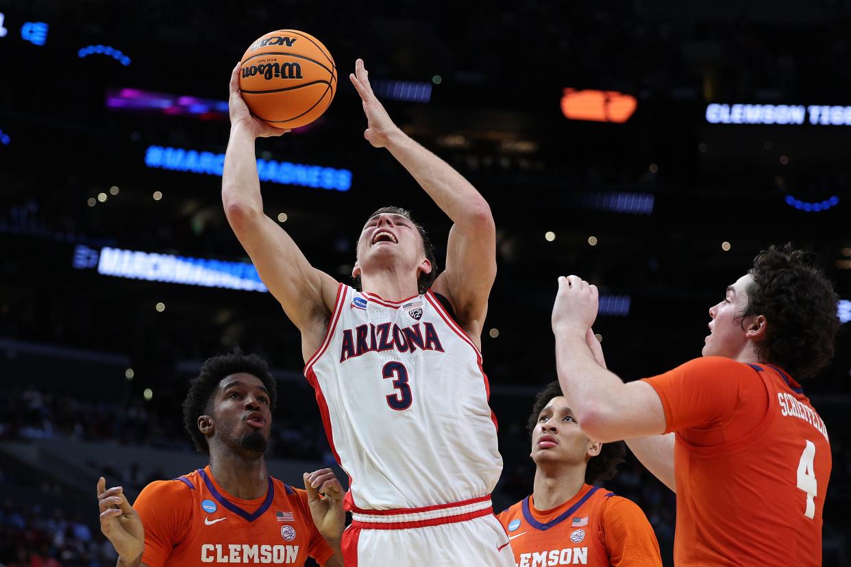 Pelle Larsson #3 of the Arizona Wildcats reacts as he's fouled by Chauncey Wiggins #21 of the Clemson Tigers during the first half in the Sweet 16 round of the NCAA Men's Basketball Tournament at Crypto.com Arena on March 28, 2024 in Los Angeles.