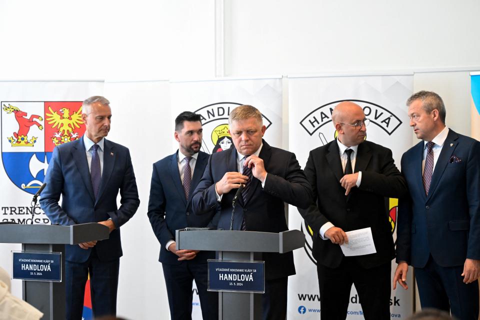 Slovak prime minister Robert Fico looks on during a press conference, before a shooting incident where he was wounded, in Handlova, Slovakia, 15 May 2024 (Reuters)