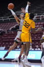 Stanford forward Jaiden Delaire, left, shoots against Arizona State forward Alonzo Gaffney (32) during the second half of an NCAA college basketball game in Stanford, Calif., Saturday, Jan. 22, 2022. (AP Photo/Jeff Chiu)