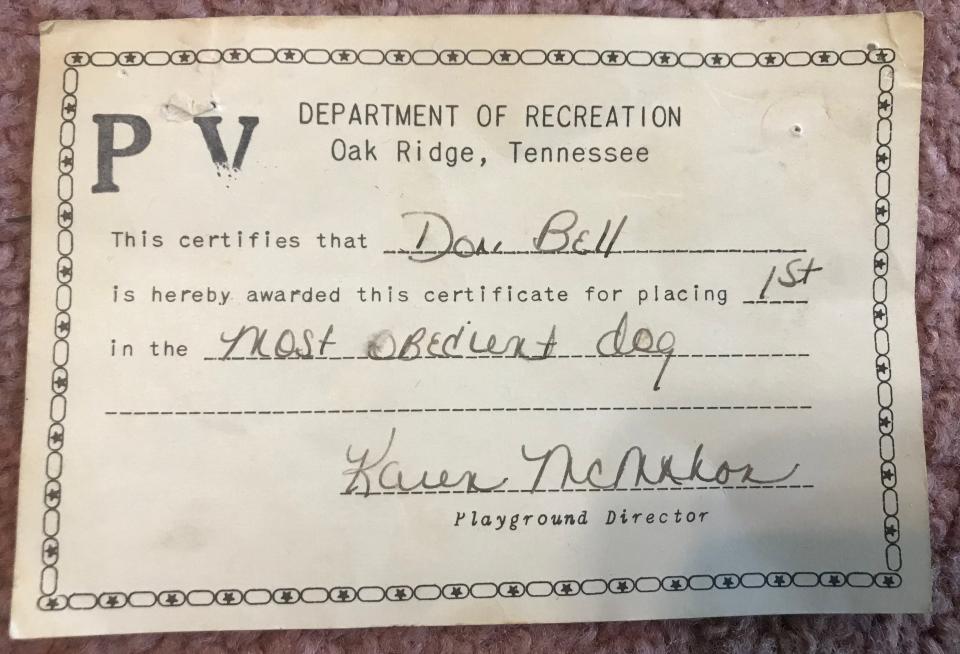 Oak Ridge resident Don Bell received this certificate from the city of Oak Ridge Department of Recreation as a child for having the Most Obedient Dog, his dog Poochie.