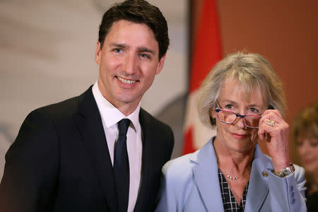 Canada's Prime Minister Justin Trudeau poses with Joyce Murray after she was sworn-in as Canada's President of the Treasury Board and Minister of Digital Government during a cabinet shuffle at Rideau Hall in Ottawa, Ontario, Canada, March 18, 2019. REUTERS/Chris Wattie
