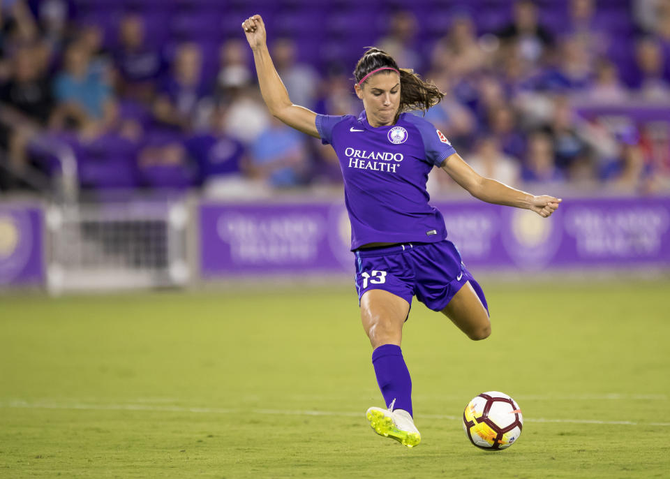 ORLANDO, FL - AUGUST 05: Orlando Pride forward Alex Morgan (13) shoots on goal during the NWSL soccer match between the Orlando Pride and  New Jersey Sky Blue FC on August 5th, 2018 at Orlando City Stadium in Orlando, FL. (Photo by Andrew Bershaw/Icon Sportswire via Getty Images)