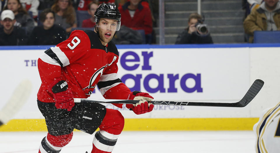 New Jersey Devils forward Taylor Hall (9) skates during the second period of an NHL hockey game against the Buffalo Sabres, Monday, Dec. 2, 2019, in Buffalo, N.Y. (AP Photo/Jeffrey T. Barnes)