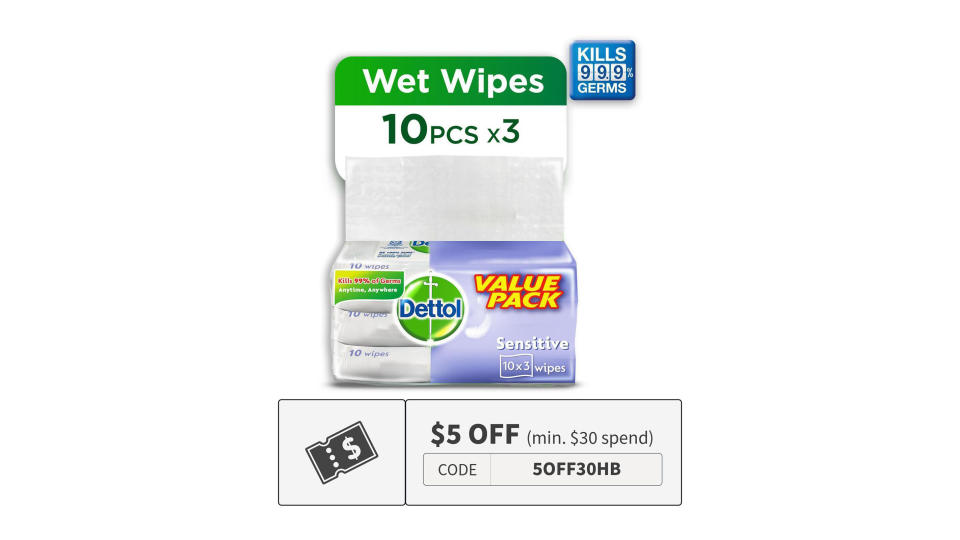 Dettol Personal Care Wipes Sensitive 10s x 3 [Value pack]. (Photo: Lazada SG)