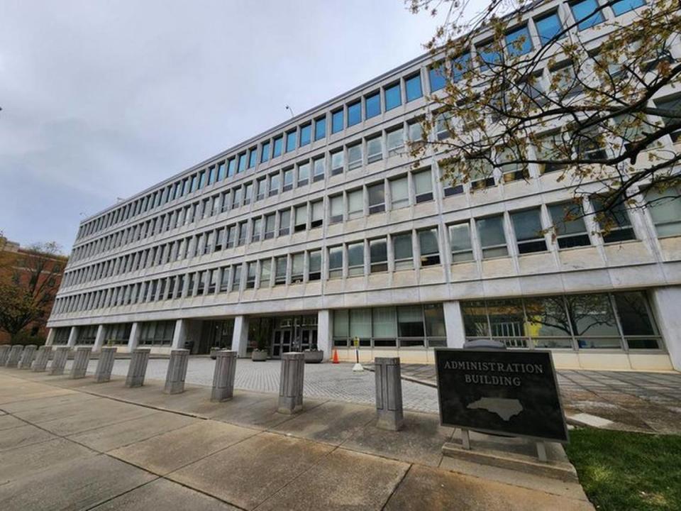 The Department of Administration building on Jones Street in downtown Raleigh, N.C., pictured here in March 2023, is slated for demolition. A new education campus will be built in its place.