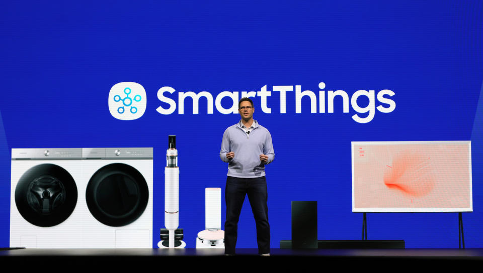 LAS VEGAS, NEVADA - JANUARY 04:  SmartThings Head of Products & Engineering Mark Benson speaks during the Samsung keynote address at CES 2022 at The Venetian Las Vegas on January 4, 2022 in Las Vegas, Nevada. CES, the world's largest annual consumer technology trade show, is being held in person from January 5-7, with some companies deciding to participate virtually only or canceling their attendance due to concerns over the major surge in COVID-19 cases.  (Photo by Ethan Miller/Getty Images)