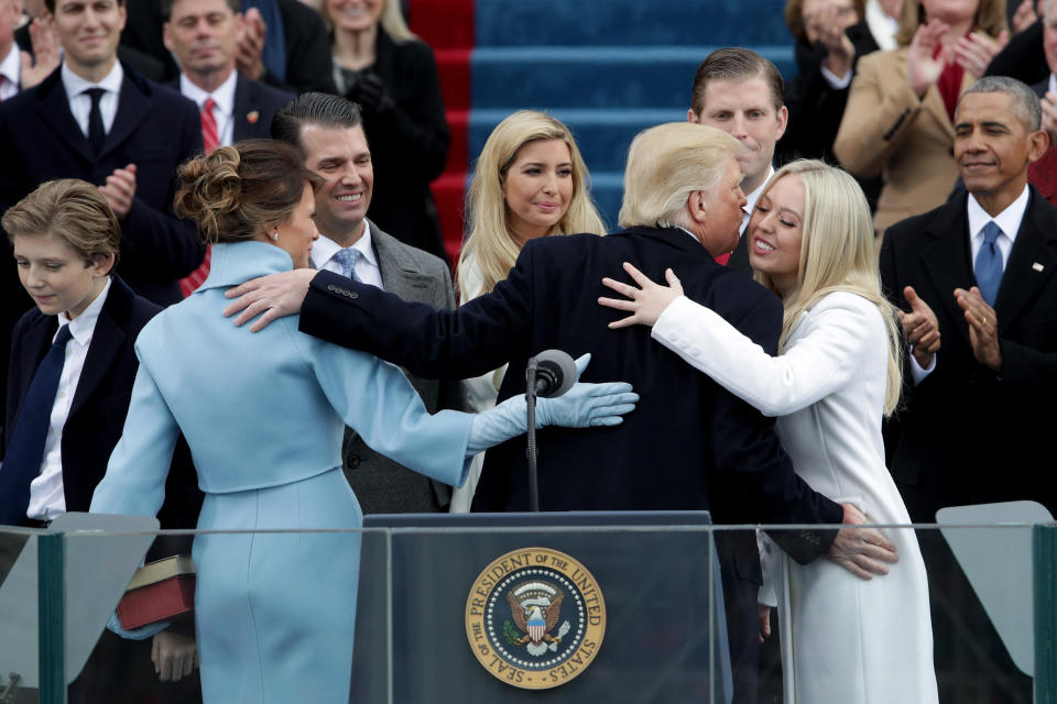 Tiffany Trump (far right) congratulates her father Donald Trump as he's sworn in as 45th President of the United States [Photo: Getty]