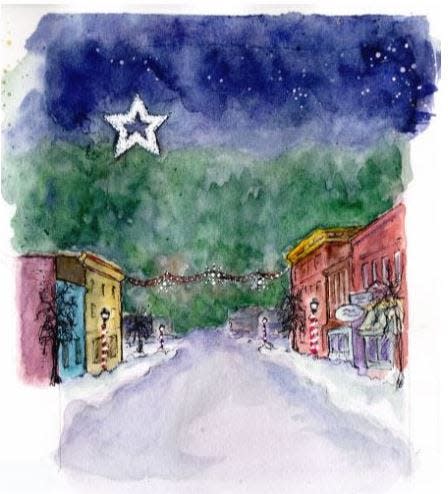 An ornament on sale in time for Hawley Winterfest features this small-scale rendition of Main Avenue with Hawley's Christmas Star on the ridge, enlarged for clarity. The star is maintained on private property by local residents, for the community. The watercolor and ink painting was done by Barbara Briden of Tafton. Downtown Hawley Partnership is using the image to help promote the festival.