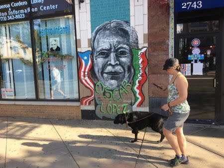 A woman passes a street mural of Oscar Lopez Rivera after his release from house arrest in Puerto Rico, ahead of his return to Chicago, Illinois, U.S. May 18, 2017. REUTERS/Timothy McLaughlin